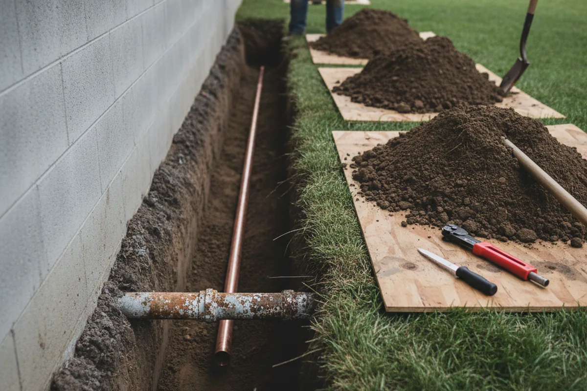Excavated water line trench during Water Softener Installation in Riverview